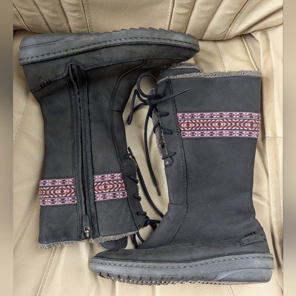 Women's 6 Teva Black Leather Winter High Boots Snow Mountains